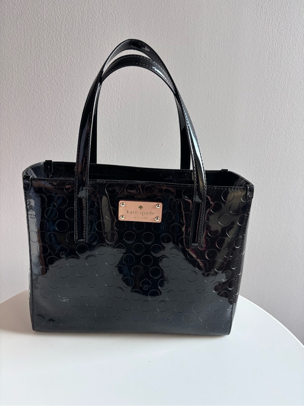 kate spade Black Patent Polka Dot Tote with Gold Plaque
